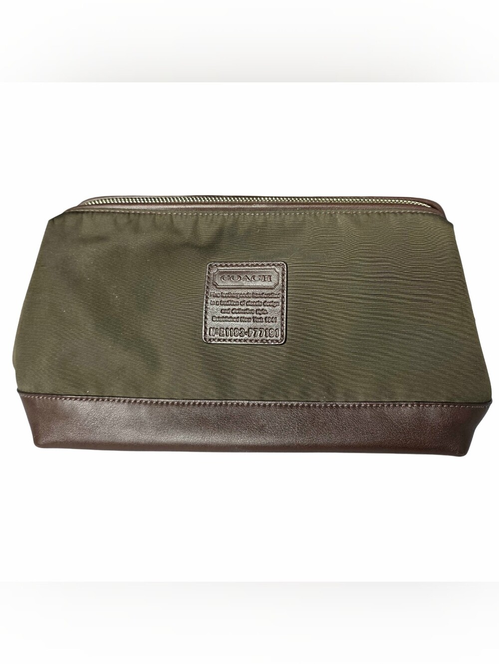 Vintage Coach Olive Green and Brown Leather-Trim Toiletry Travel Bag